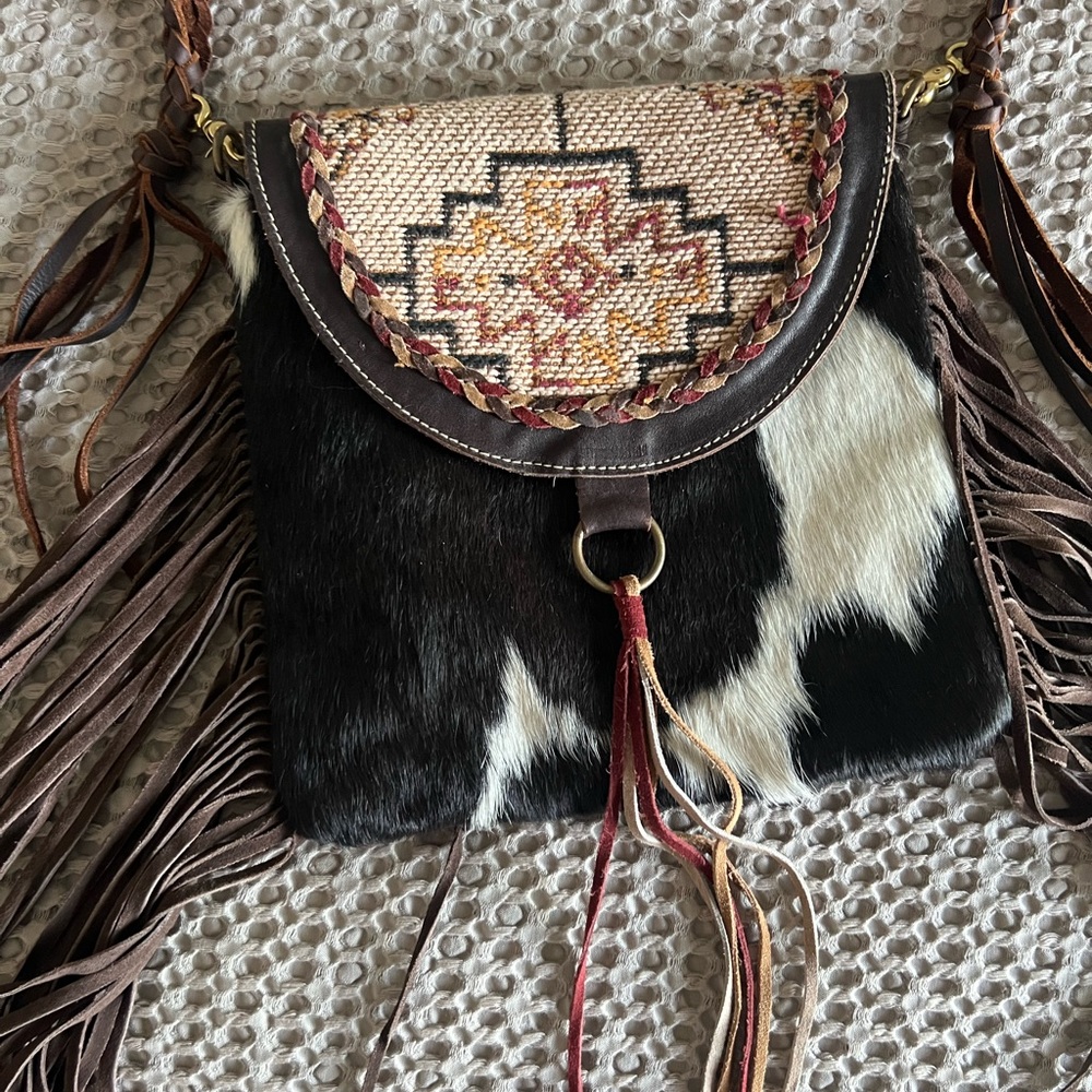 Cowhide cross body purse with fringe and custom strap